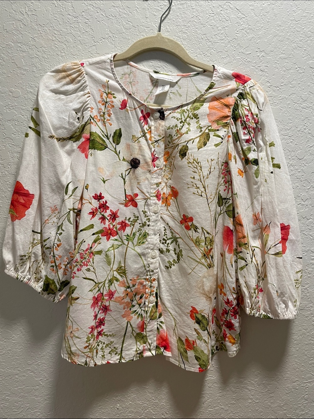 H&M White Floral Button-Up Blouse with Pink & Orange Blooms